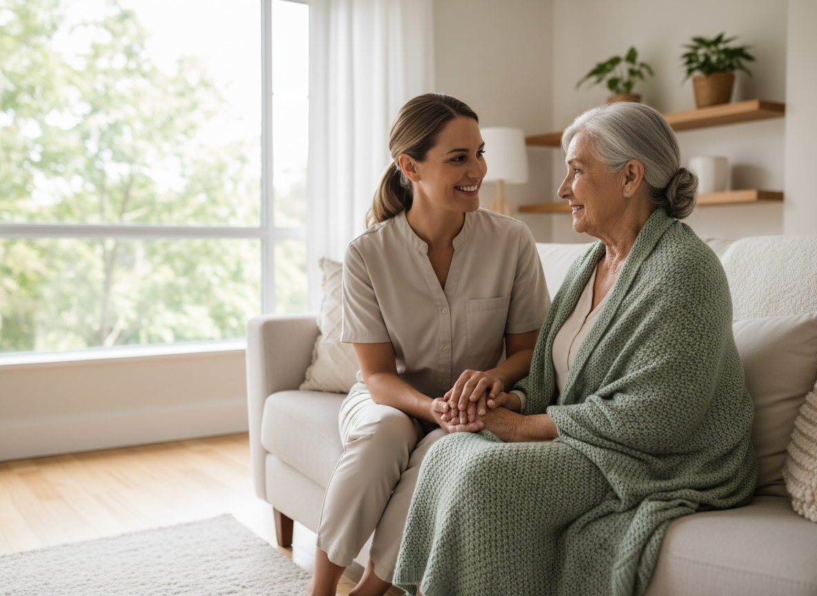 A caregiver holding hands with a smiling elderly woman in a bright, cozy living room